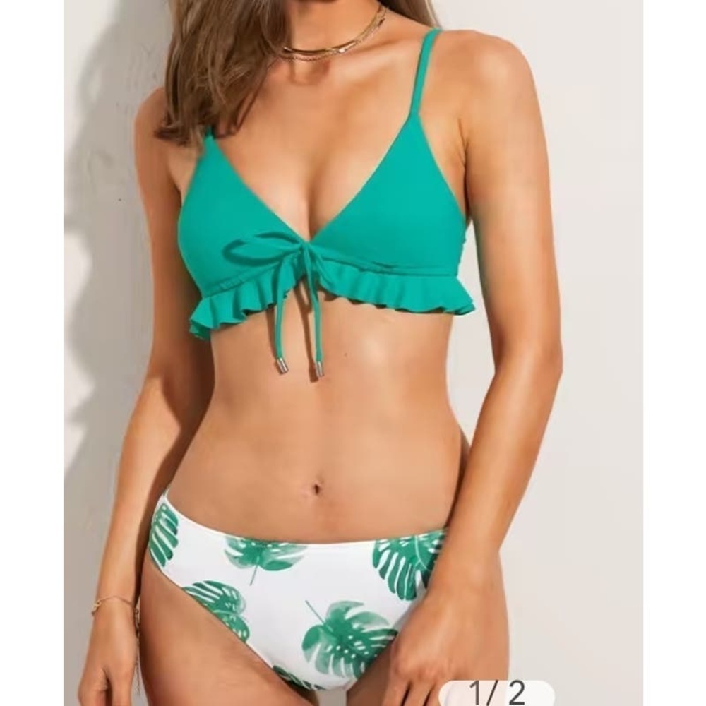 V Neck Bow Tie Ruffle Tropical Bikini